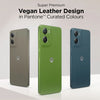 Rear view of Moto G06 Power 4G in PANTONE Laurel Oak, PANTONE Tendril and PANTONE Tapestry, highlighting the premium textured vegan-leather design.