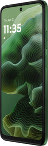 Angled front view of Motorola Moto G35 5G in Leaf Green, showing the edge-to-edge 120Hz display, rounded corners and slim green frame.
