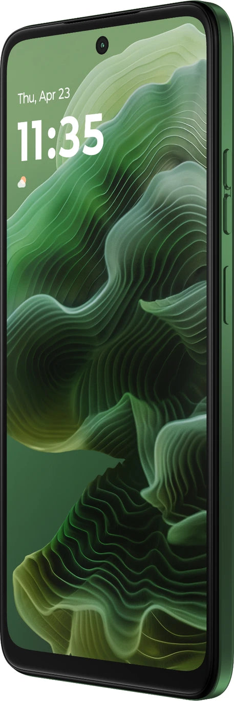 Angled front view of Motorola Moto G35 5G in Leaf Green, showing the edge-to-edge 120Hz display, rounded corners and slim green frame.