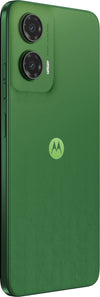 Angled rear view of Motorola Moto G35 5G in Leaf Green, highlighting its slim green frame, curved rear edges and raised camera module.