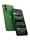 Motorola Moto G35 5G in Leaf Green shown from the front and back, featuring a 6.72-inch 120Hz FHD+ display, 50MP main camera and 8MP ultrawide camera.