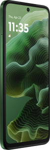 Front view of Motorola Moto G35 5G in Leaf Green, featuring a green abstract wallpaper, centred punch-hole selfie camera, slim bezels and a large FHD+ display.