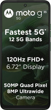Motorola Moto G35 5G key-features graphic highlighting support for 12 5G bands, a 6.72-inch 120Hz FHD+ display, 50MP Quad Pixel camera and 8MP ultrawide camera.