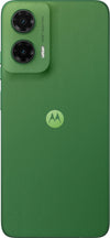 Straight rear view of Motorola Moto G35 5G in Leaf Green, showing the green back panel, dual-camera housing, LED flash and centred Motorola logo.