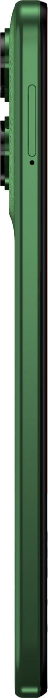 Opposite side profile of Motorola Moto G35 5G in Leaf Green, showing the slim frame, volume controls, power button with fingerprint sensor and rear camera bump.