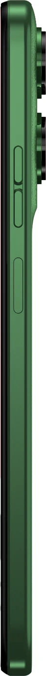 Slim side profile of Motorola Moto G35 5G in Leaf Green, highlighting its 7.79mm green frame and raised dual-camera housing.