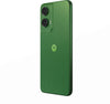 Three-quarter rear view of Motorola Moto G35 5G in Leaf Green, showing the green back finish, dual rear cameras and slim side profile.