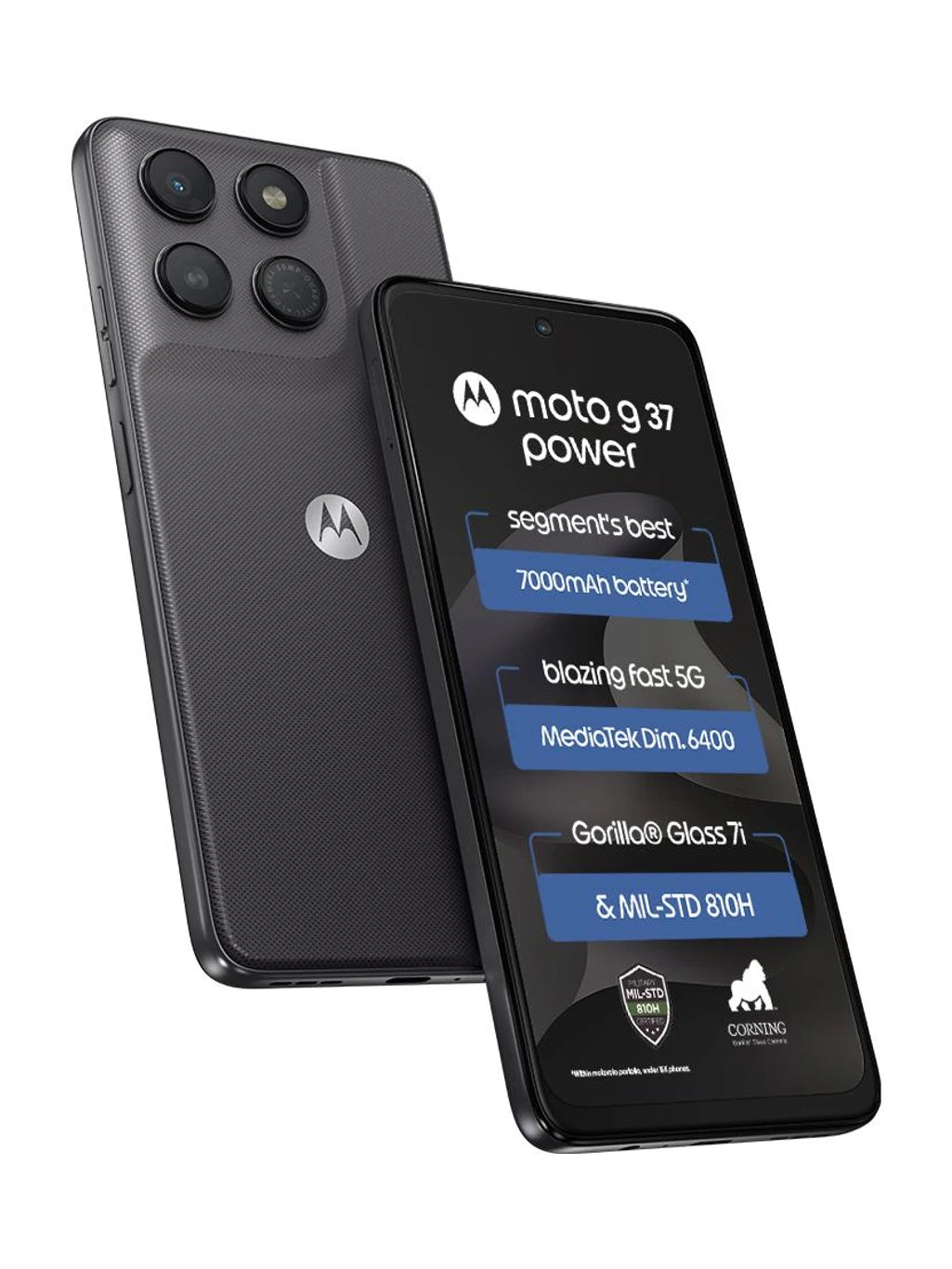Motorola Moto G37 Power 5G in PANTONE Impenetrable shown from the front and back, featuring a textured dark rear panel, 7000mAh battery, Dimensity 6400 processor and large display.