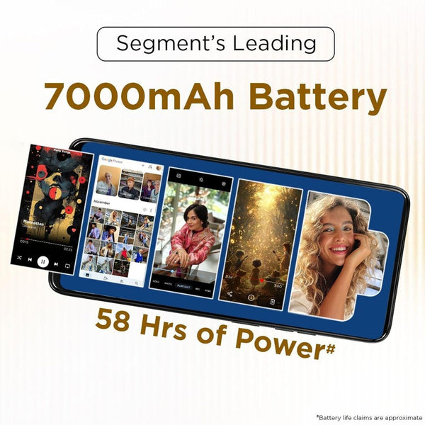 Motorola Moto G67 Power 5G battery graphic featuring the segment-leading 7000mAh silicon-carbon battery with up to 58 hours of power.