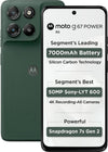 Angled front and rear view of Motorola Moto G67 Power 5G in PANTONE Cilantro, showing its green vegan-leather finish, camera module and slim frame.