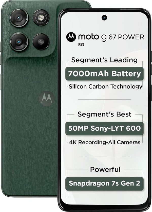 Angled front and rear view of Motorola Moto G67 Power 5G in PANTONE Cilantro, showing its green vegan-leather finish, camera module and slim frame.