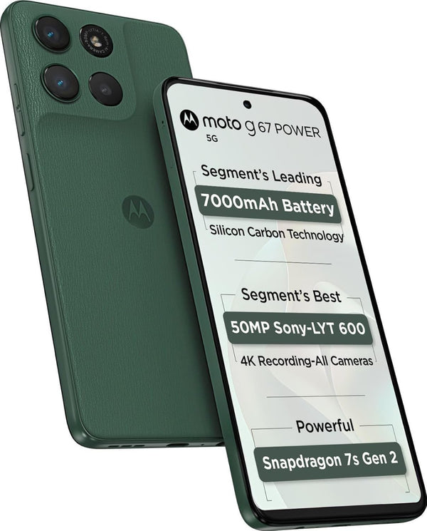 Motorola Moto G67 Power 5G in PANTONE Cilantro shown from the front and back, featuring a 7000mAh battery, 50MP Sony LYTIA 600 camera and Snapdragon 7s Gen 2 processor.