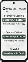 Front view of Motorola Moto G67 Power 5G in PANTONE Cilantro displaying key highlights including the 7000mAh battery, Sony LYTIA 600 camera and Snapdragon processor.