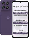 Angled front and rear view of Motorola Moto G67 Power 5G in PANTONE Parachute Purple, highlighting its purple frame, textured back and key specifications.
