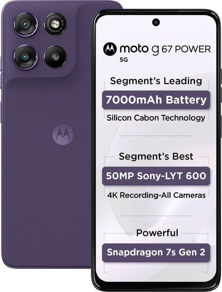 Angled front and rear view of Motorola Moto G67 Power 5G in PANTONE Parachute Purple, highlighting its purple frame, textured back and key specifications.