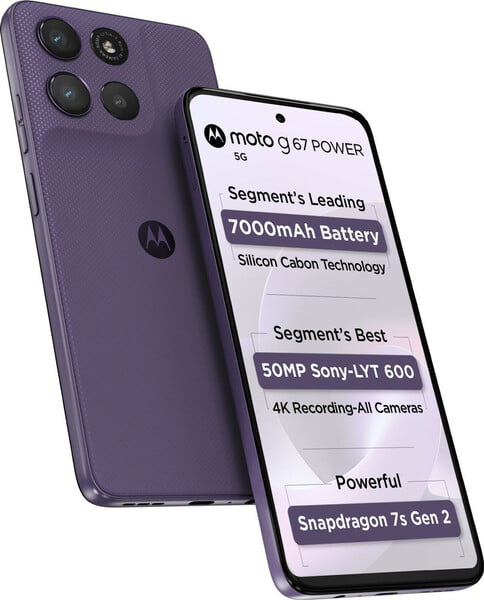 Motorola Moto G67 Power 5G in PANTONE Parachute Purple shown from the front and back, featuring a premium vegan-leather finish and square rear camera module.