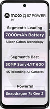 Front view of Motorola Moto G67 Power 5G in PANTONE Parachute Purple displaying the 7000mAh battery, 50MP Sony camera and Snapdragon 7s Gen 2 processor.