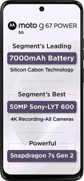 Front view of Motorola Moto G67 Power 5G in PANTONE Parachute Purple displaying the 7000mAh battery, 50MP Sony camera and Snapdragon 7s Gen 2 processor.