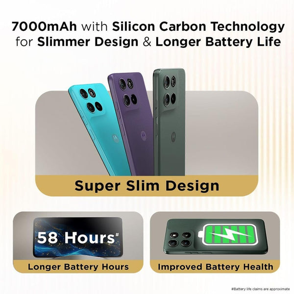 Motorola Moto G67 Power 5G graphic showing PANTONE Blue Curacao, Parachute Purple and Cilantro colours with a slim silicon-carbon battery design and long battery life.
