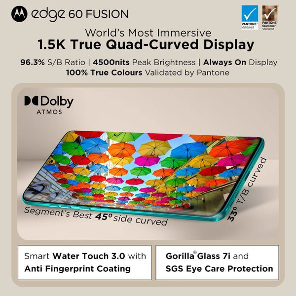 Motorola Edge 60 Fusion 5G display graphic featuring a 6.67-inch 1.5K pOLED quad-curved screen, 120Hz refresh rate, HDR10+ and up to 4500 nits peak brightness.