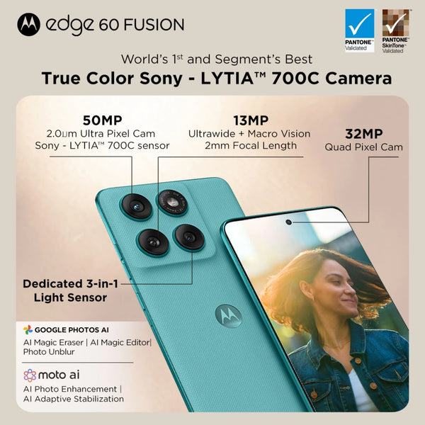 Motorola Edge 60 Fusion 5G camera-system graphic featuring a 50MP Sony LYTIA 700C main camera, 13MP ultrawide macro camera and 32MP selfie camera.