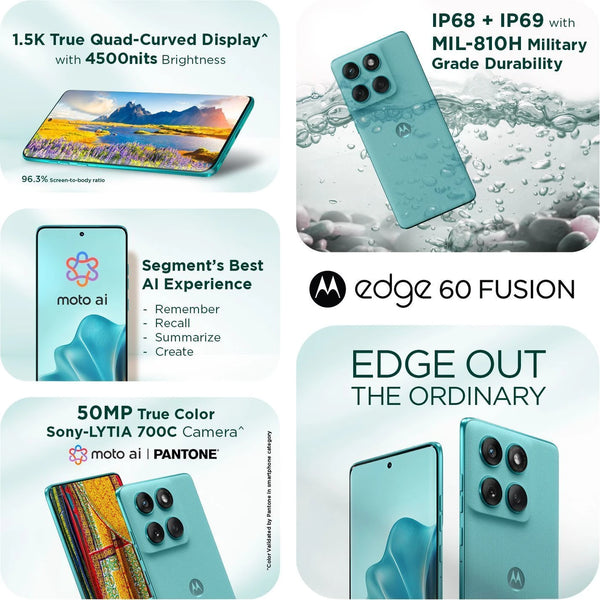 Motorola Edge 60 Fusion 5G smart-features graphic highlighting Android 15, moto ai and Google AI tools designed for searching, creating and everyday assistance.