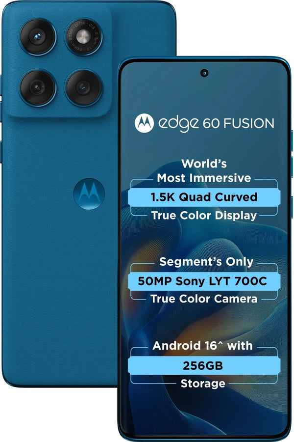 Motorola Edge 60 Fusion 5G in PANTONE Slipstream shown from the front and rear, featuring a blue finish, quad-curved display and Sony LYTIA camera system.