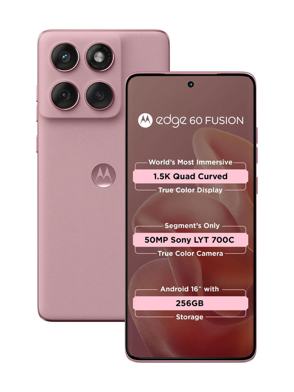 Motorola Edge 60 Fusion 5G in PANTONE Zephyr shown from the front and back, featuring a soft pink textured finish, curved display and advanced rear camera system.