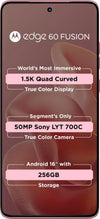 Front view of Motorola Edge 60 Fusion 5G in PANTONE Zephyr, showing its pink-toned display wallpaper, 1.5K curved screen and centred selfie camera.