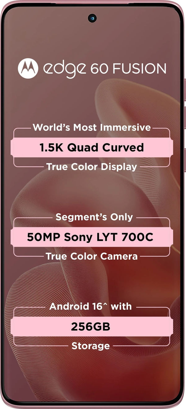 Front view of Motorola Edge 60 Fusion 5G in PANTONE Zephyr, showing its pink-toned display wallpaper, 1.5K curved screen and centred selfie camera.