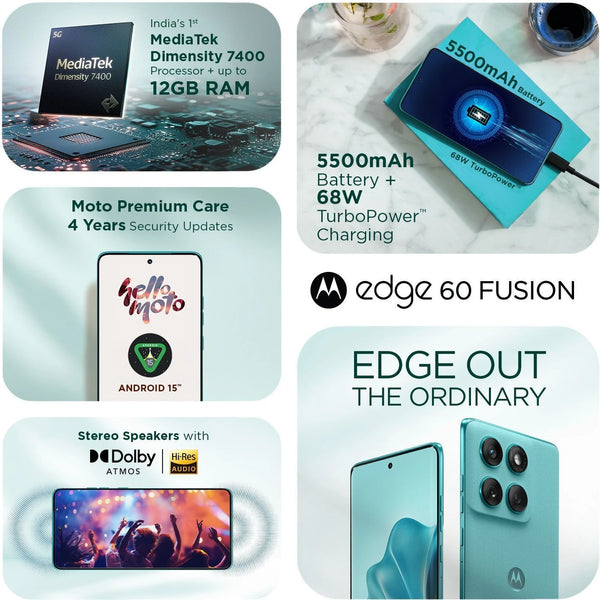 Motorola Edge 60 Fusion 5G feature collage highlighting Dimensity 7400 performance, 5500mAh battery, 68W TurboPower charging and Dolby Atmos stereo audio.
