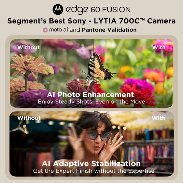 Motorola Edge 60 Fusion 5G camera graphic highlighting the 50MP Sony LYTIA 700C sensor, AI Photo Enhancement, Action Shot and AI Adaptive Stabilization features.