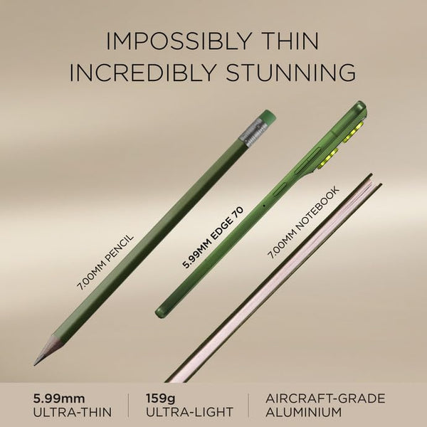 Motorola Edge 70 5G ultra-thin design graphic comparing its 5.99mm profile and lightweight 159g body with everyday slim objects and aircraft-grade aluminium construction.