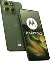 Angled front and rear view of Motorola Edge 70 5G in PANTONE Bronze Green, featuring an olive-green textured finish, slim aluminium frame and large AMOLED display.