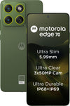 Motorola Edge 70 5G in PANTONE Bronze Green shown from the front and back, highlighting the 5.99mm profile, three 50MP cameras and IP68 plus IP69 protection.