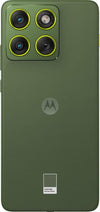 Straight rear view of Motorola Edge 70 5G in PANTONE Bronze Green, showing its premium textured back panel, camera housing and Motorola branding.