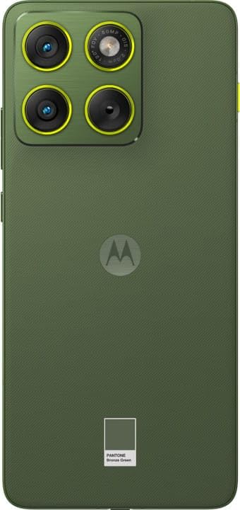 Straight rear view of Motorola Edge 70 5G in PANTONE Bronze Green, showing its premium textured back panel, camera housing and Motorola branding.