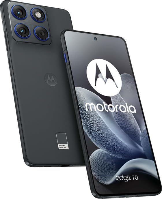 Motorola Edge 70 5G in PANTONE Gadget Grey shown from the front and rear, featuring an ultra-thin body, flat AMOLED display and triple-camera-style rear module.