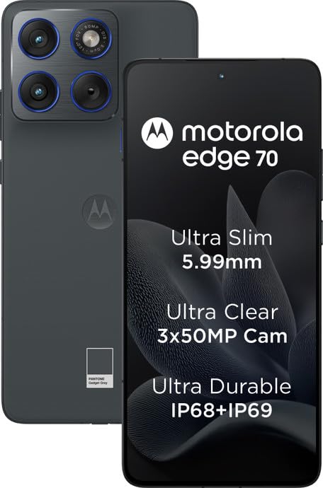 Motorola Edge 70 5G in PANTONE Gadget Grey shown from the front and back, highlighting its 5.99mm slim design, three 50MP cameras and IP68 plus IP69 durability.