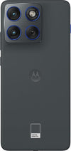 Straight rear view of Motorola Edge 70 5G in PANTONE Gadget Grey, showing its textured dark-grey back, square camera module and centred Motorola logo.