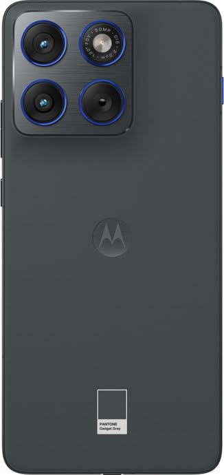 Straight rear view of Motorola Edge 70 5G in PANTONE Gadget Grey, showing its textured dark-grey back, square camera module and centred Motorola logo.