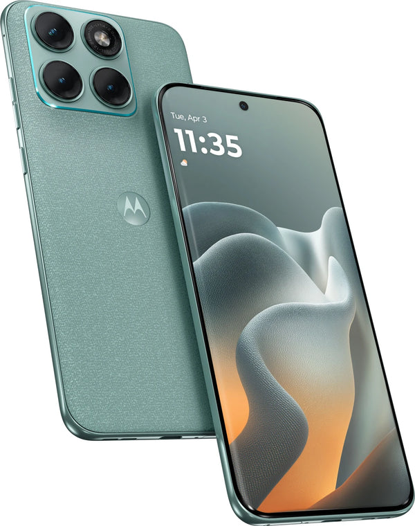 Angled front and rear view of Motorola Edge 70 Fusion 5G in Pantone Blue Surf showing its curved display and textured back panel
