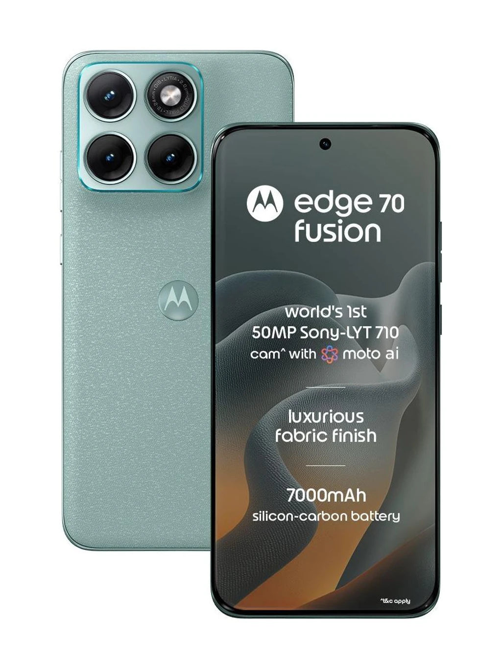 Motorola Edge 70 Fusion 5G in Pantone Blue Surf shown from the front and rear with quad-curved display, fabric-inspired finish and triple camera design
