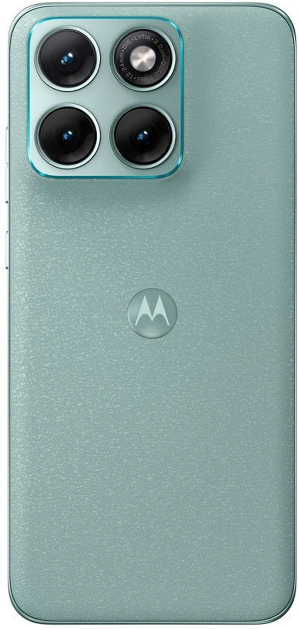 Rear view of Motorola Edge 70 Fusion 5G in Pantone Blue Surf highlighting its fabric-inspired finish and camera module