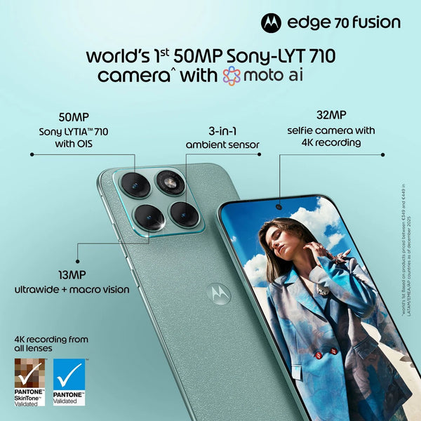 Motorola Edge 70 Fusion 5G camera graphic featuring a 50MP Sony LYTIA 710 OIS main camera, 13MP ultrawide camera and 32MP selfie camera