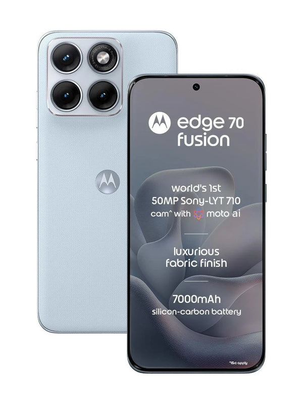 Motorola Edge 70 Fusion 5G in Pantone Country Air shown from the front and rear with its curved AMOLED display and premium textured finish