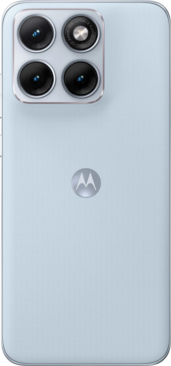 Rear view of Motorola Edge 70 Fusion 5G in Pantone Country Air showing the camera module and fabric-inspired back finish