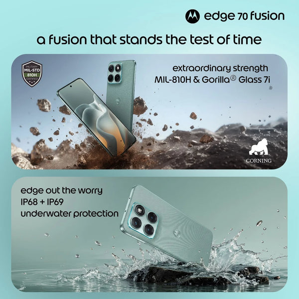Motorola Edge 70 Fusion 5G durability graphic highlighting IP68 and IP69 water protection, military-grade toughness and Gorilla Glass 7i