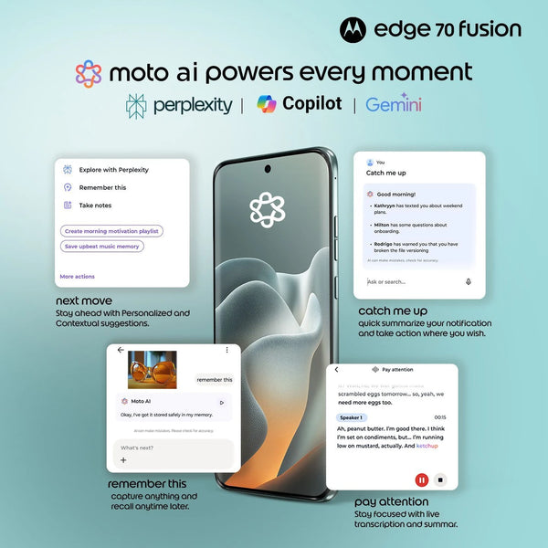 Motorola Edge 70 Fusion 5G Moto AI graphic showing intelligent assistance, content organisation, summaries and Google Gemini-powered tools