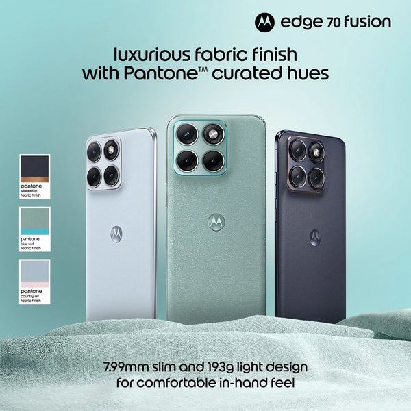 Motorola Edge 70 Fusion 5G colour lineup showing Pantone Country Air, Blue Surf, Orient Blue and Silhouette finishes